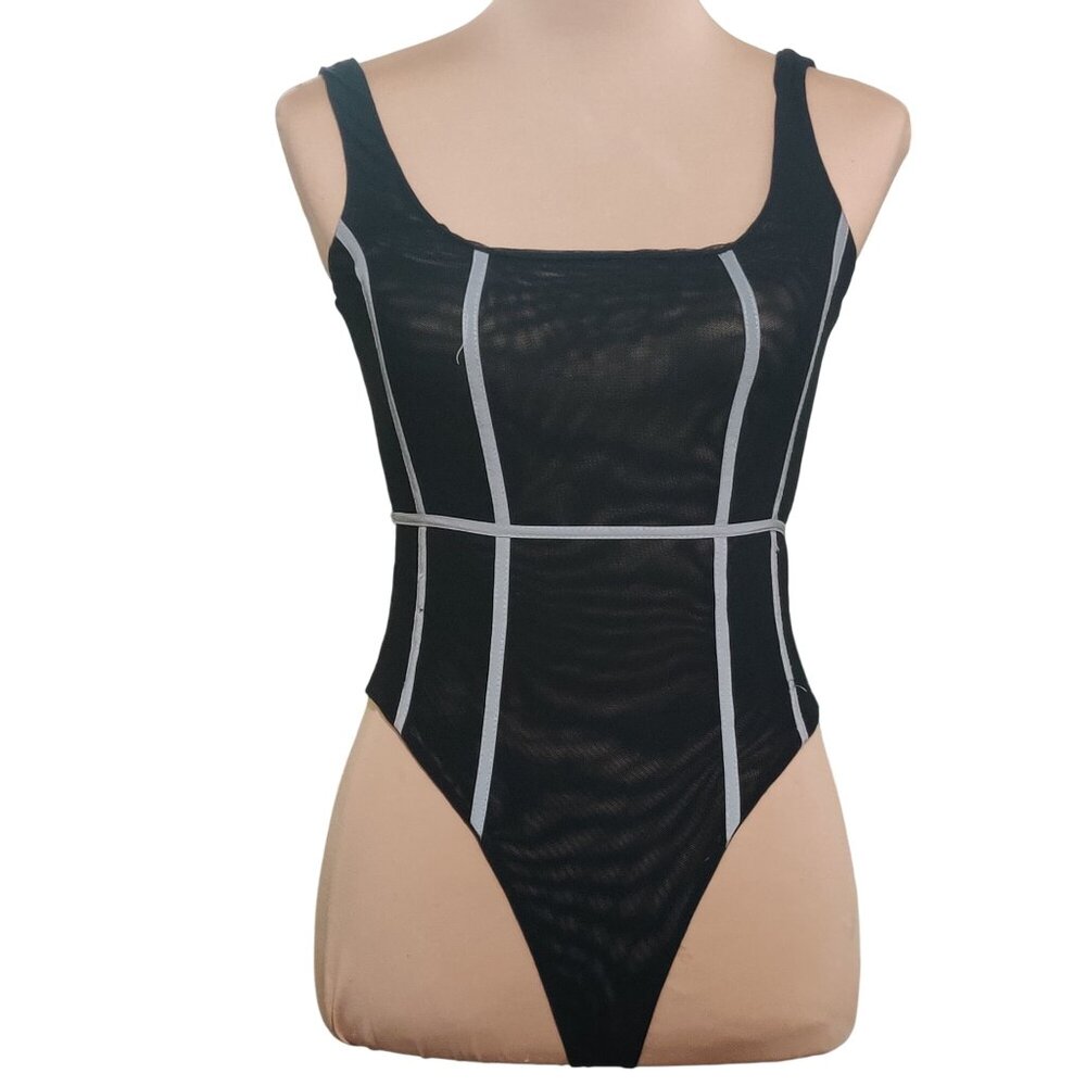 Basicbxxch Womens Bodysuit Black Mesh Reflective Silver Piping Sz S